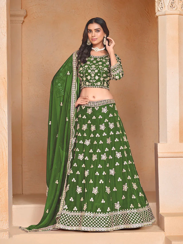 Green Art Silk Sequin Buti Lehenga Choli, front