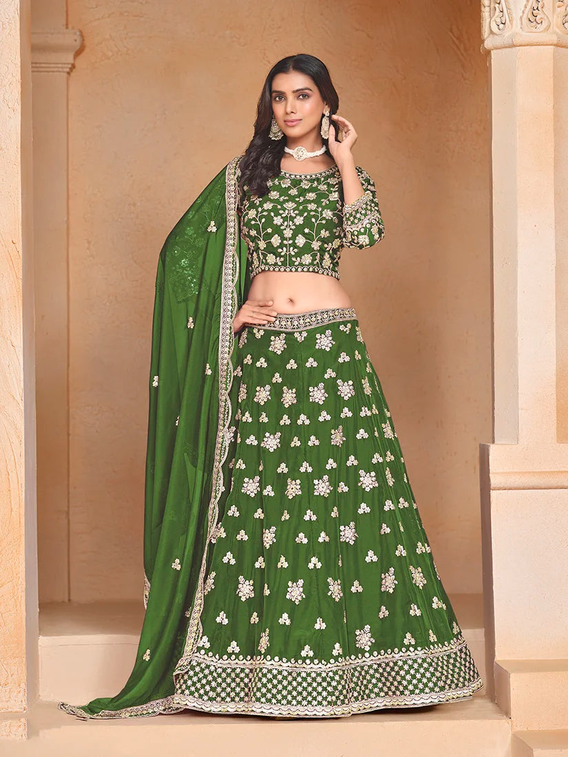 Green Art Silk Sequin Buti Lehenga Choli, front