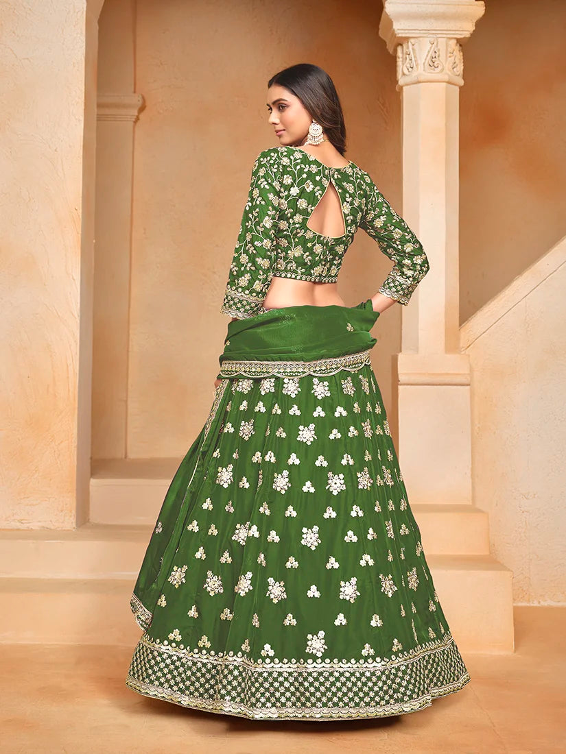 Green Art Silk Sequin Buti Lehenga Choli, back