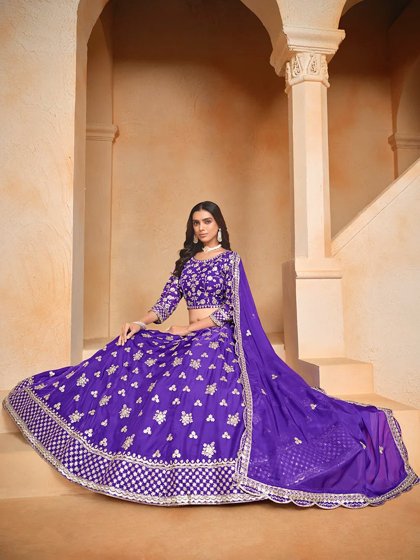 Violet Art Silk Sequin Buti Lehenga Choli, styled on model