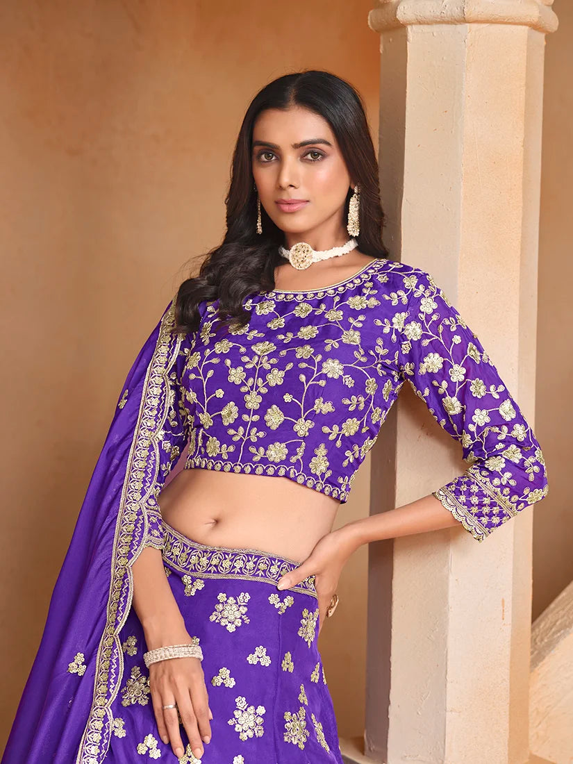 Violet Art Silk Sequin Buti Lehenga Choli, choli detail