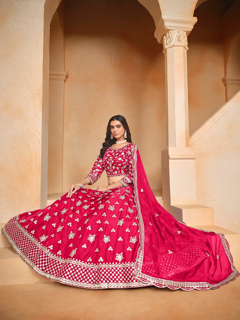 Rani Pink Art Silk Sequin Buti Lehenga Choli, styled on model