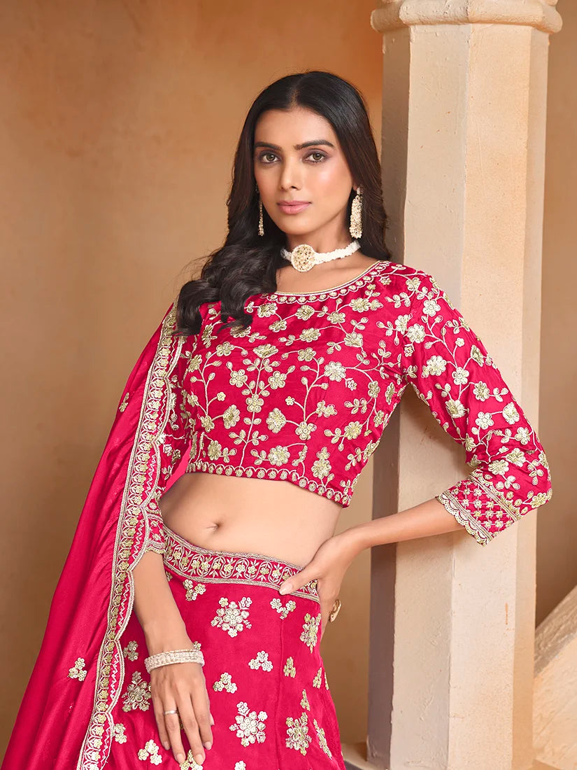 Rani Pink Art Silk Sequin Buti Lehenga Choli, choli detail