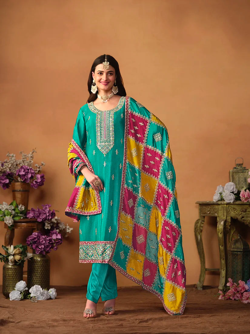 Turquoise Chinon Straight Suit with Multicolor Dupatta, front