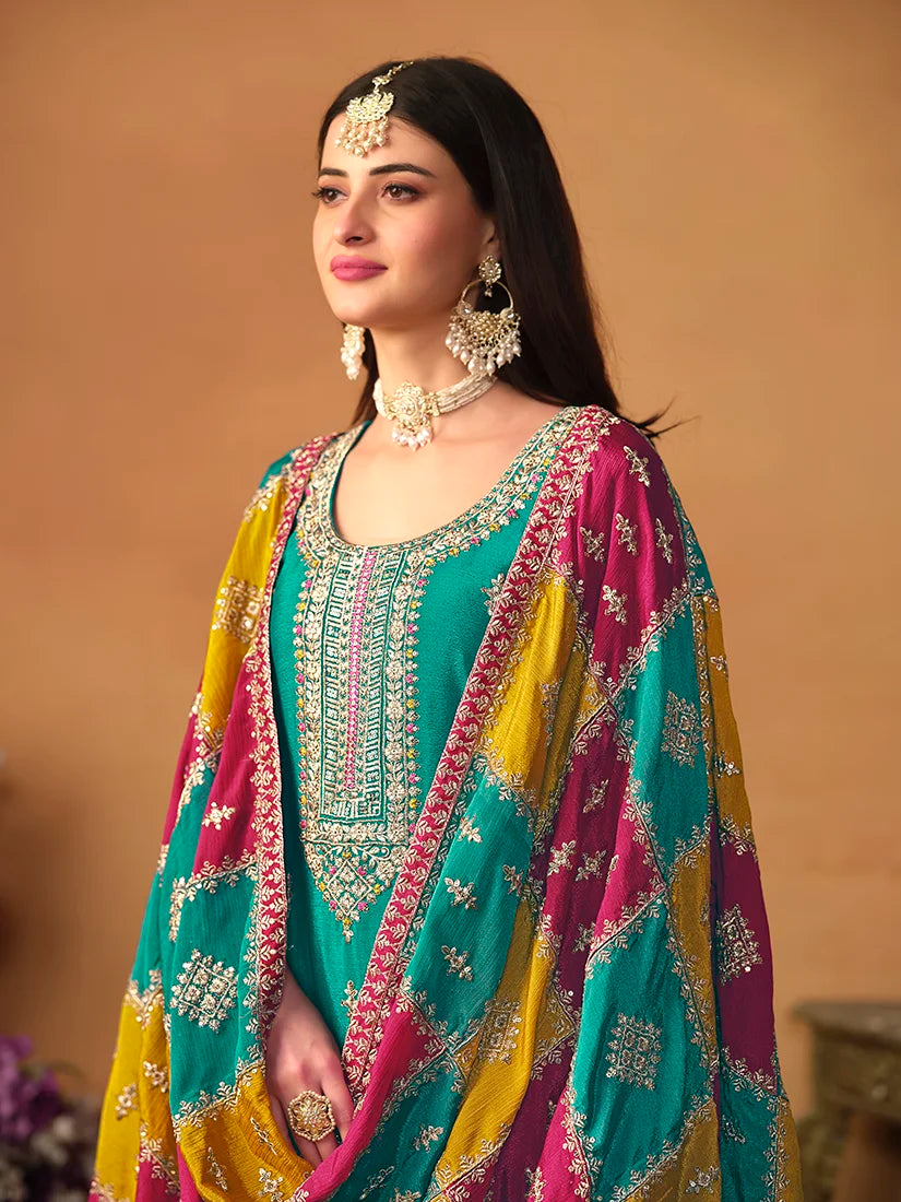 Turquoise Chinon Straight Suit with Multicolor Dupatta, neckline and dupatta close-up