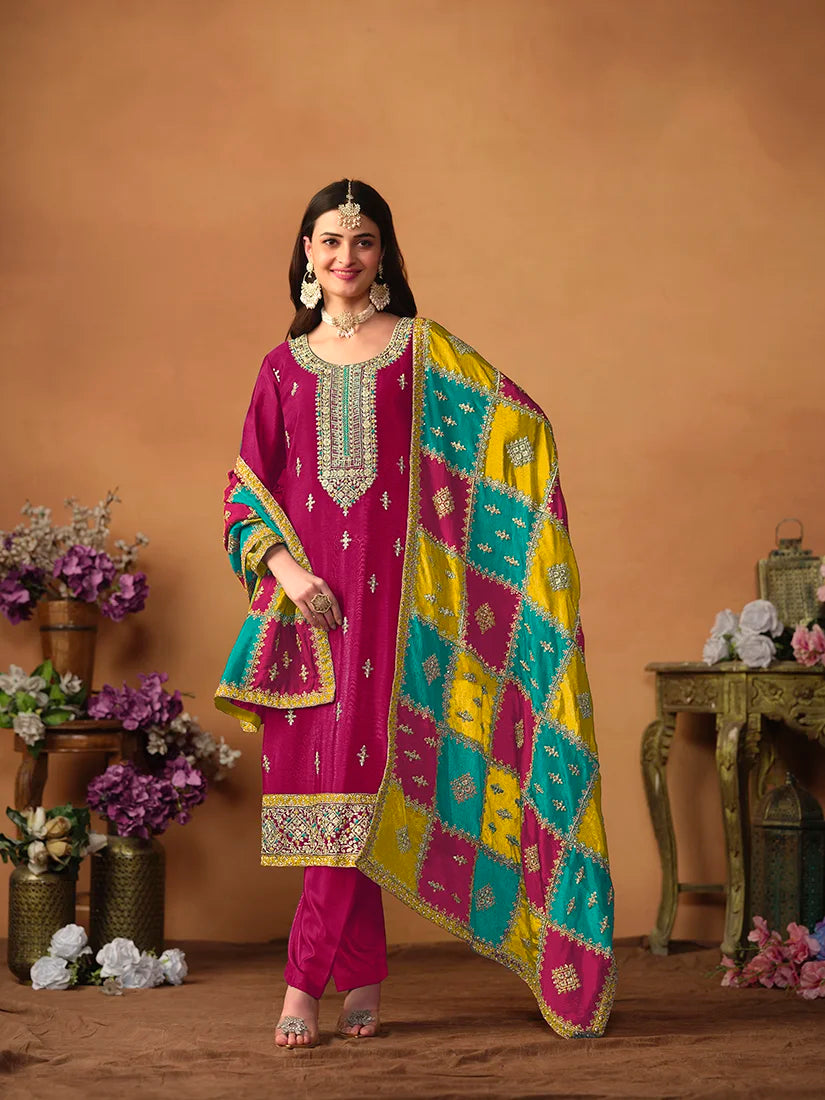 Rani Pink Chinon Straight Suit with Multicolor Dupatta, front