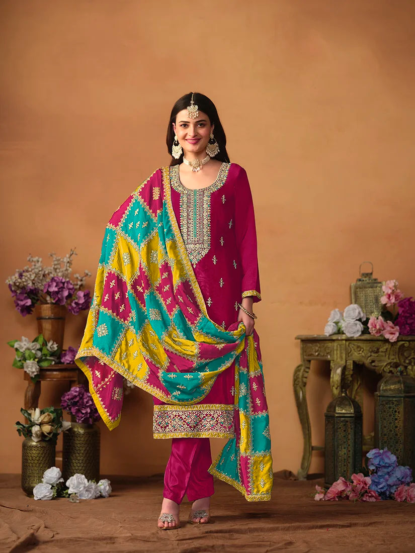 Rani Pink Chinon Straight Suit with Multicolor Dupatta, styled on model