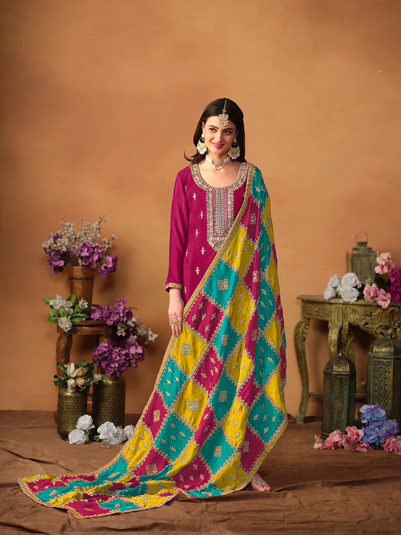 Rani Pink Chinon Straight Suit with Multicolor Dupatta, side