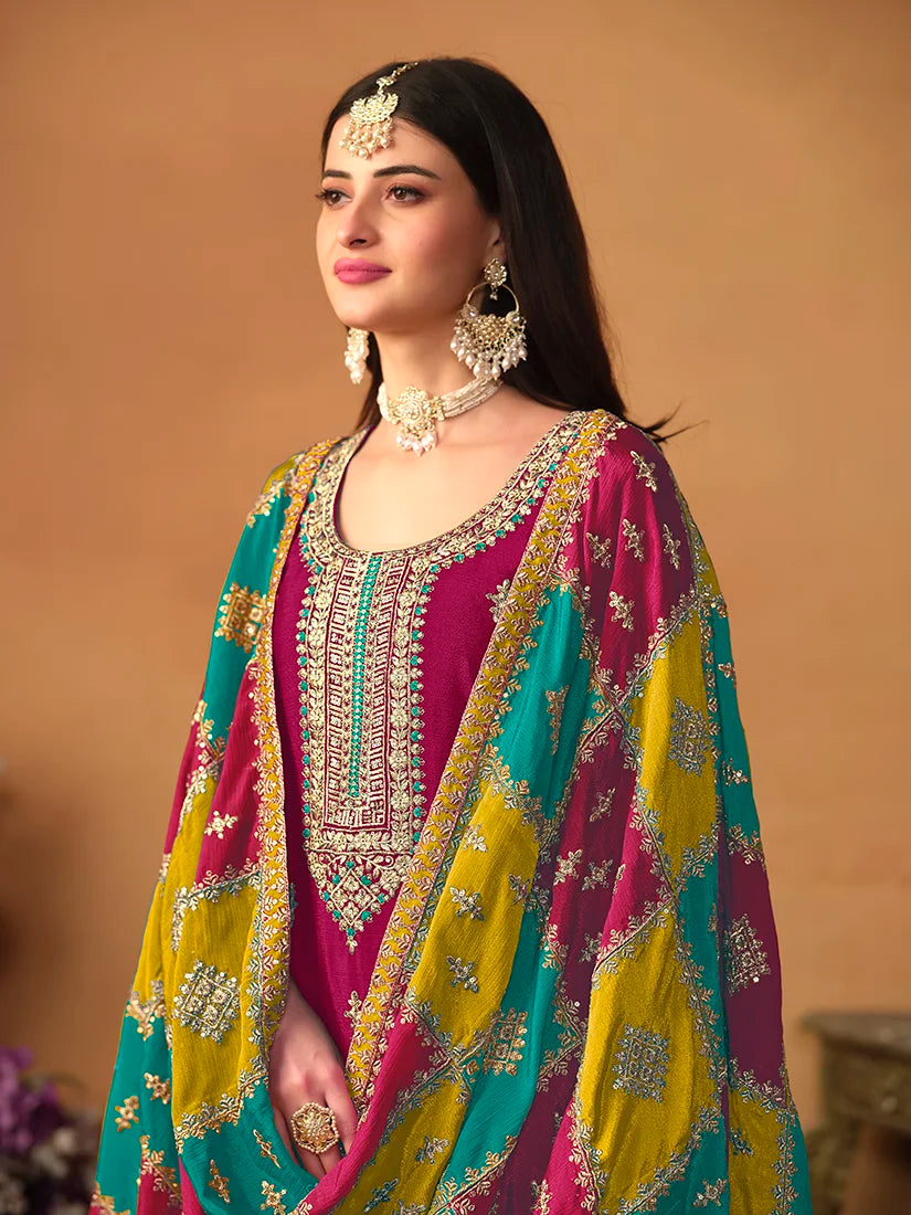 Rani Pink Chinon Straight Suit with Multicolor Dupatta, neckline and dupatta close-up