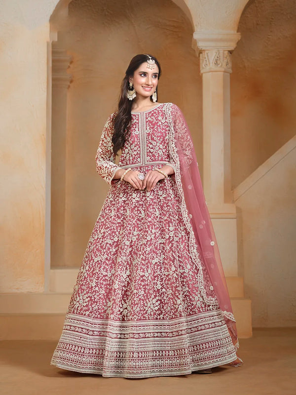 Pink Net Anarkali with Floral Thread Embroidery, front