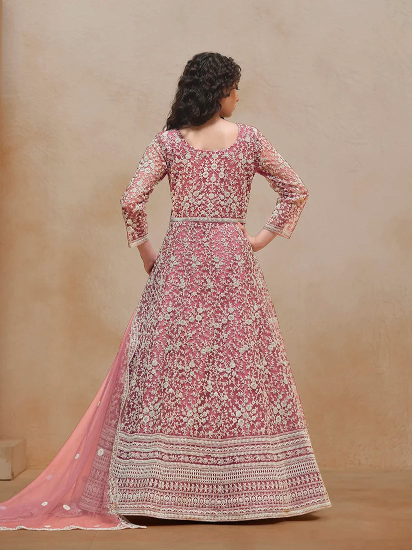 Pink Net Anarkali with Floral Thread Embroidery, back