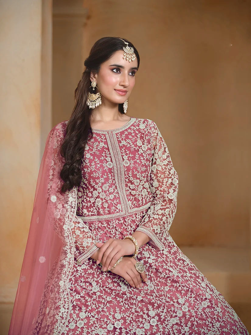 Pink Net Anarkali with Floral Thread Embroidery, embroidery close-up