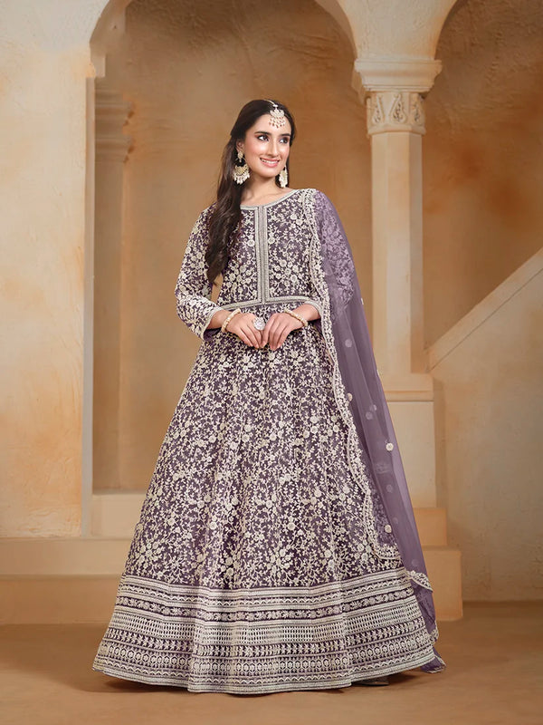 Purple Net Anarkali with Floral Thread Embroidery, front