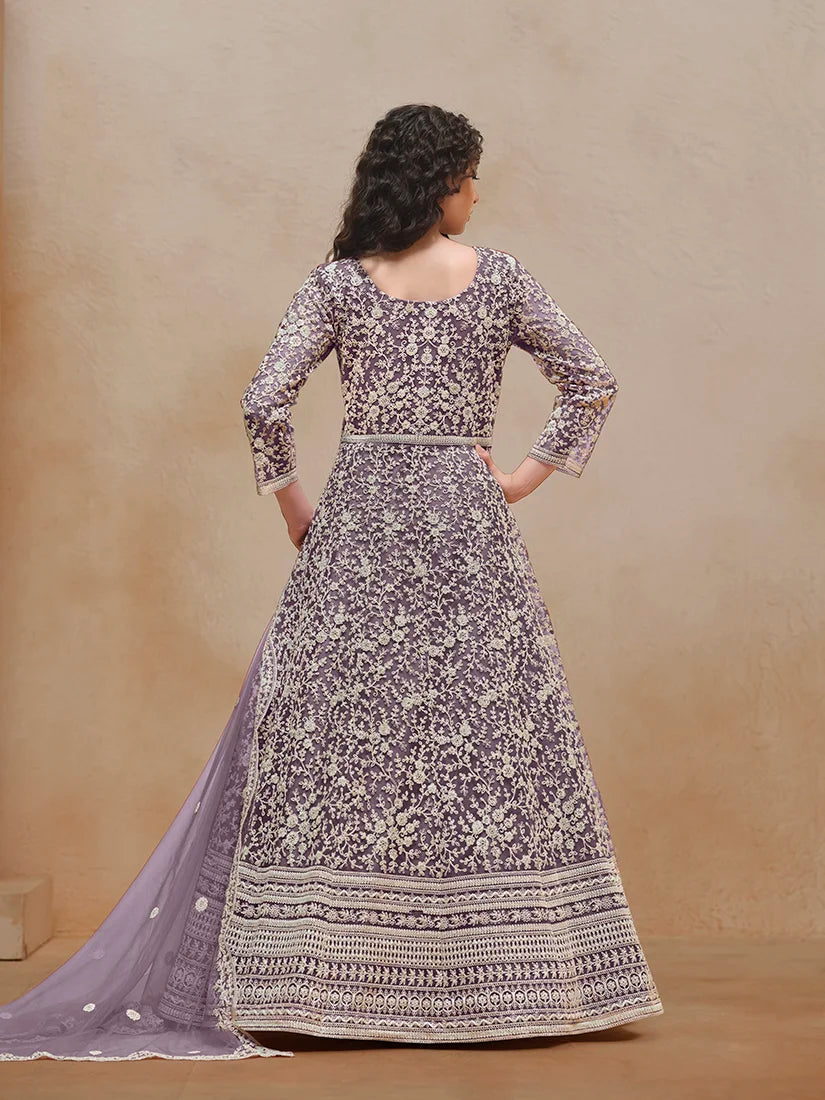 Purple Net Anarkali with Floral Thread Embroidery, back
