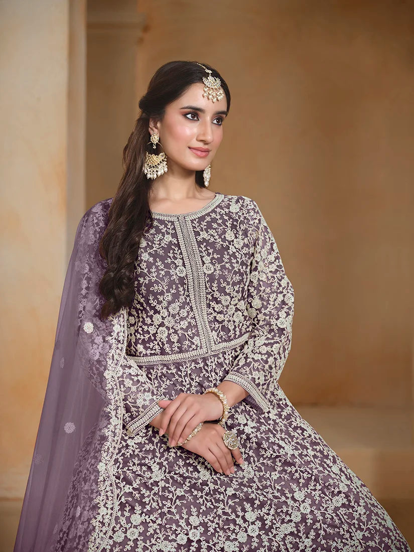 Purple Net Anarkali with Floral Thread Embroidery, embroidery close-up