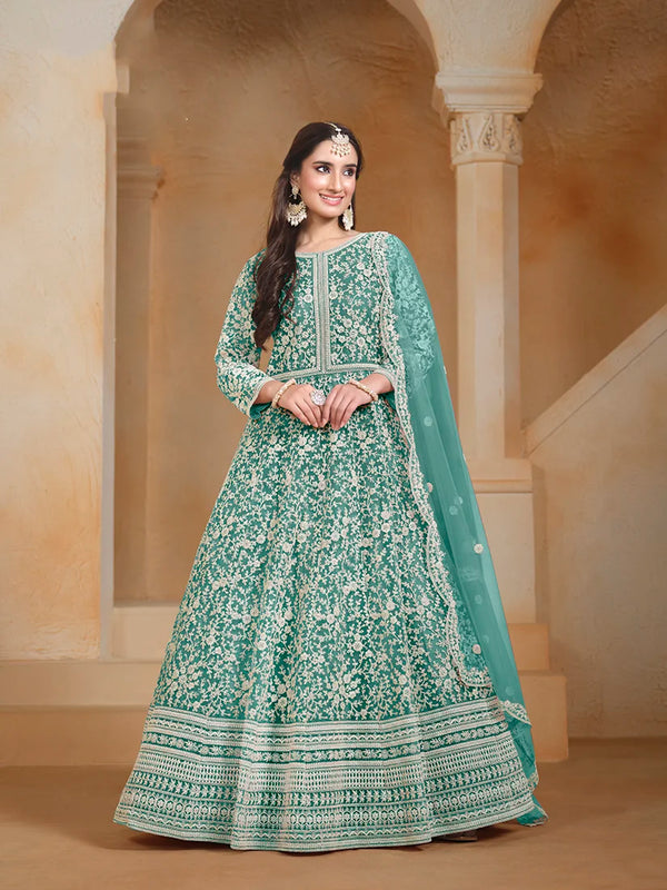 Turquoise Net Anarkali with Floral Thread Embroidery, front