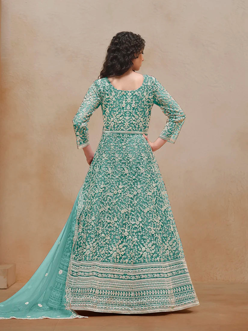 Turquoise Net Anarkali with Floral Thread Embroidery, back