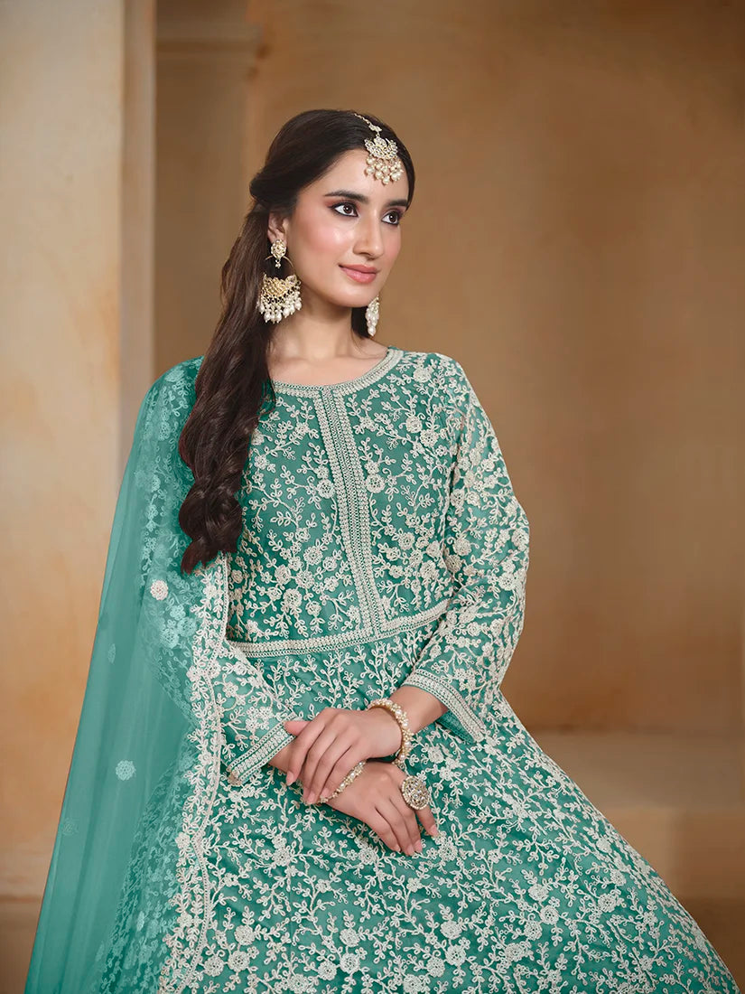 Turquoise Net Anarkali with Floral Thread Embroidery, embroidery close-up