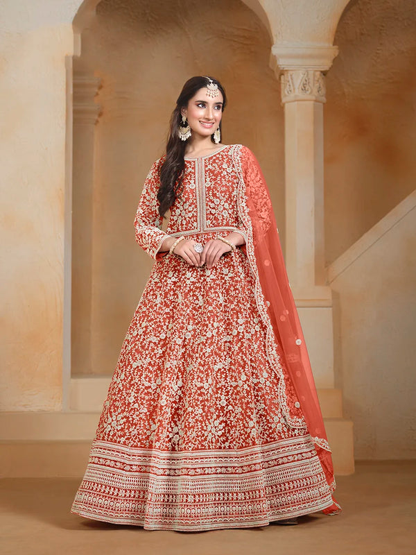 Rust Orange Net Anarkali with Floral Thread Embroidery, front