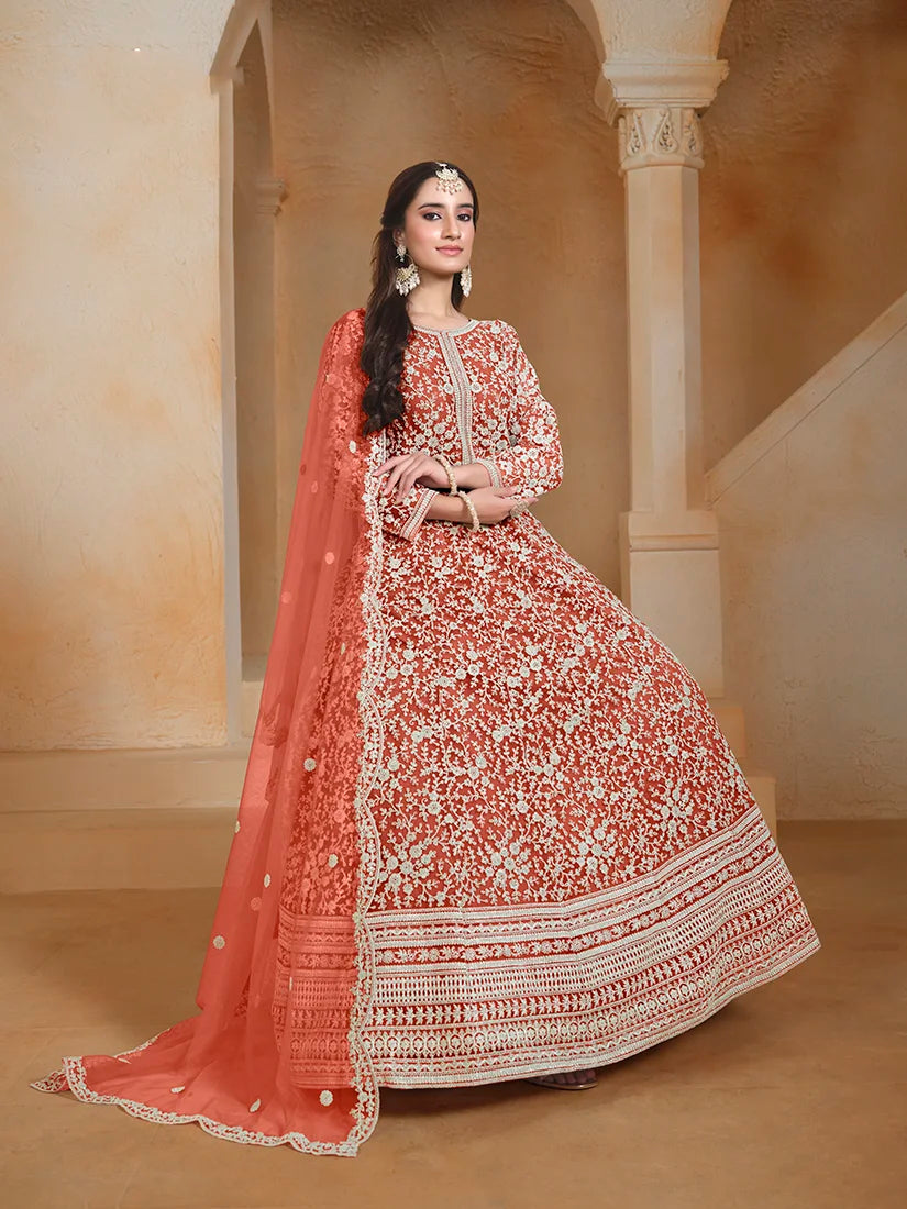 Rust Orange Net Anarkali with Floral Thread Embroidery, side