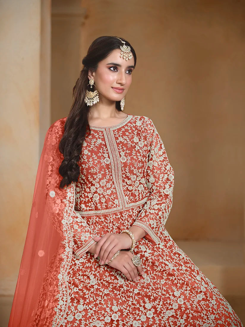 Rust Orange Net Anarkali with Floral Thread Embroidery, embroidery close-up