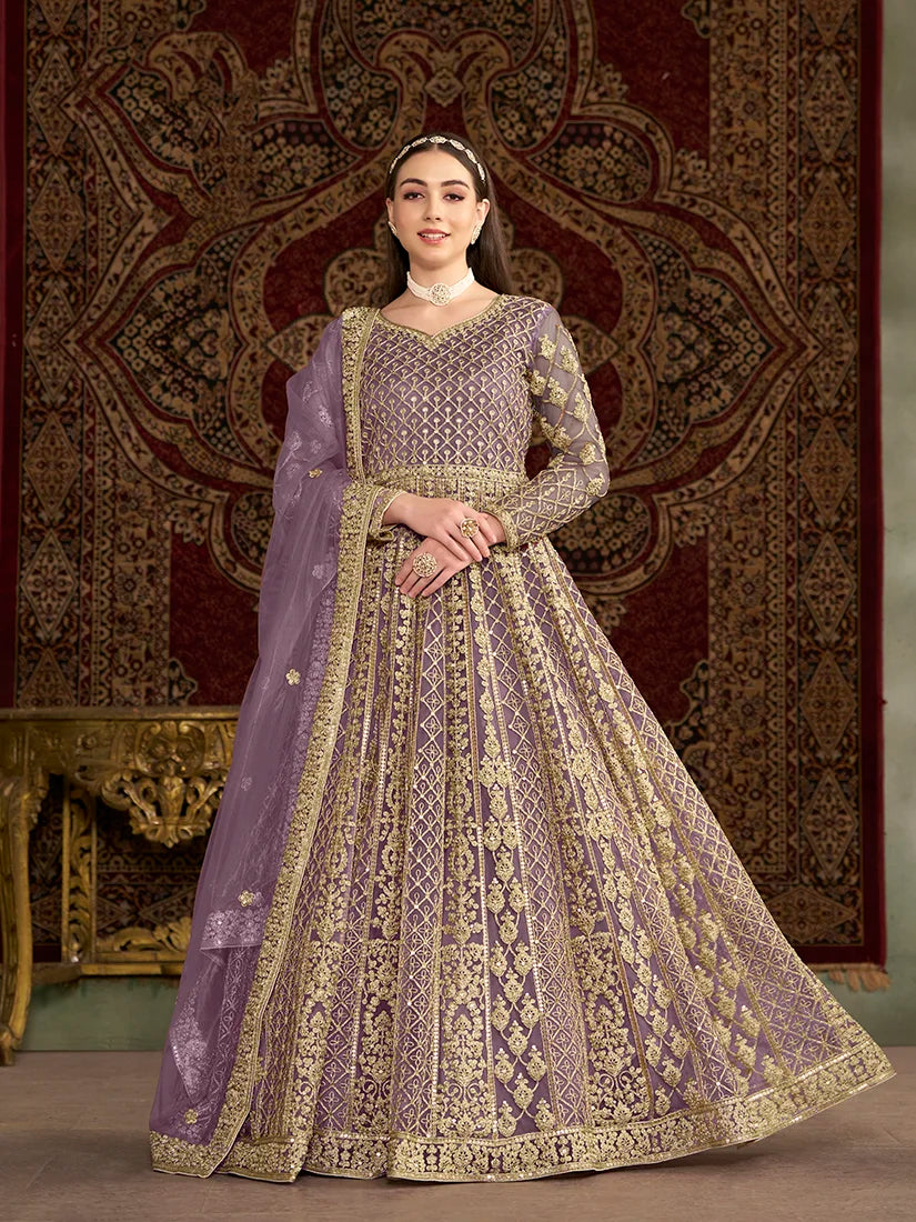 Lilac Net Floor-Length Anarkali with Zari Embroidery, front