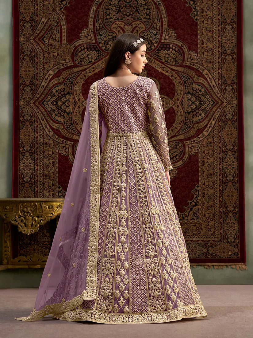 Lilac Net Floor-Length Anarkali with Zari Embroidery, back