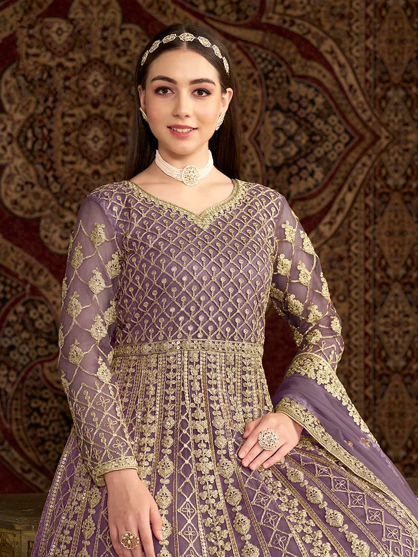 Lilac Net Floor-Length Anarkali with Zari Embroidery, embroidery close-up