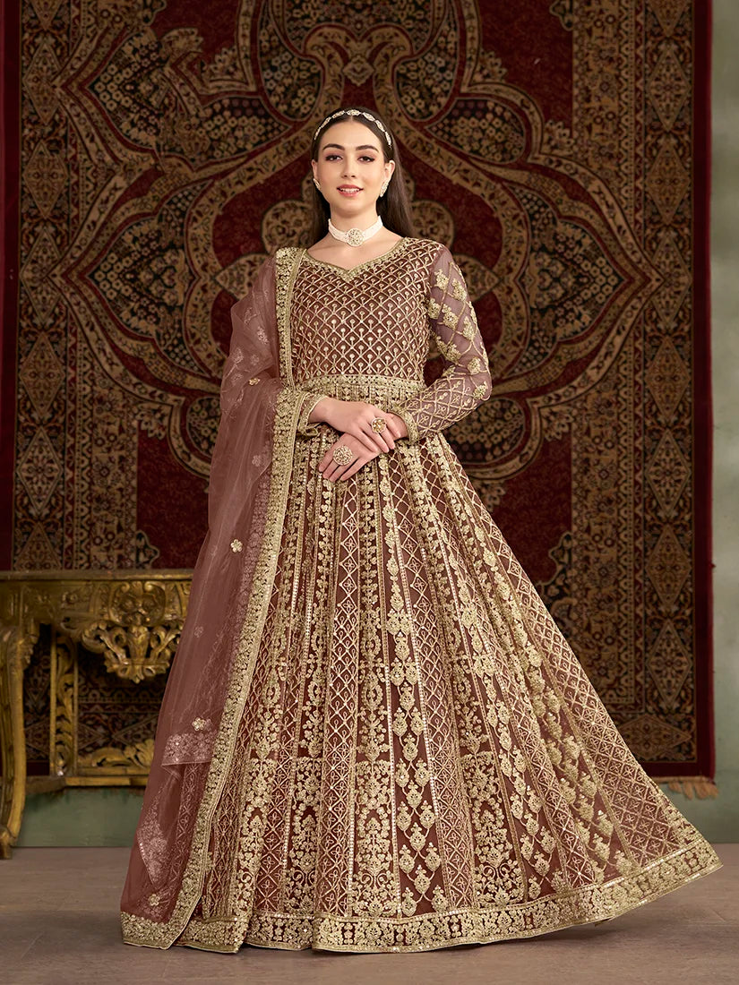 Brown Net Floor-Length Anarkali with Zari Embroidery, front