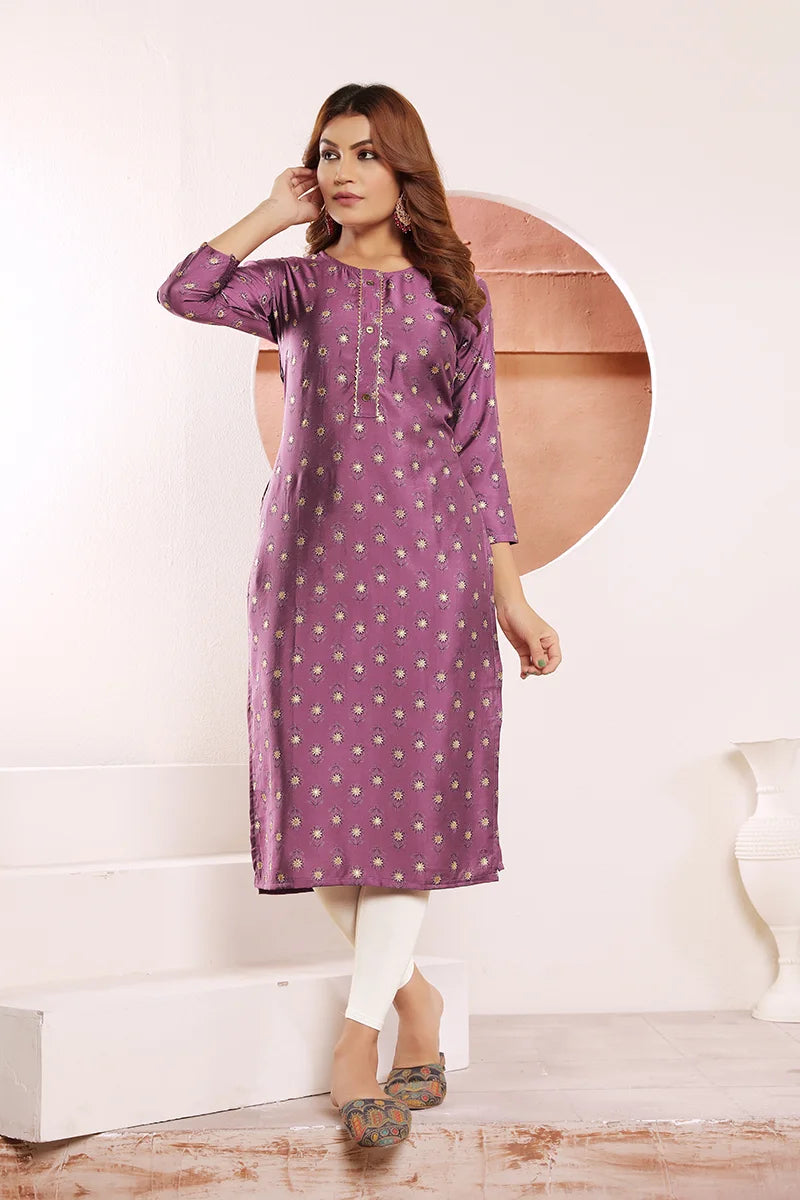 Wine Viscose Straight Kurti with Floral Print, side