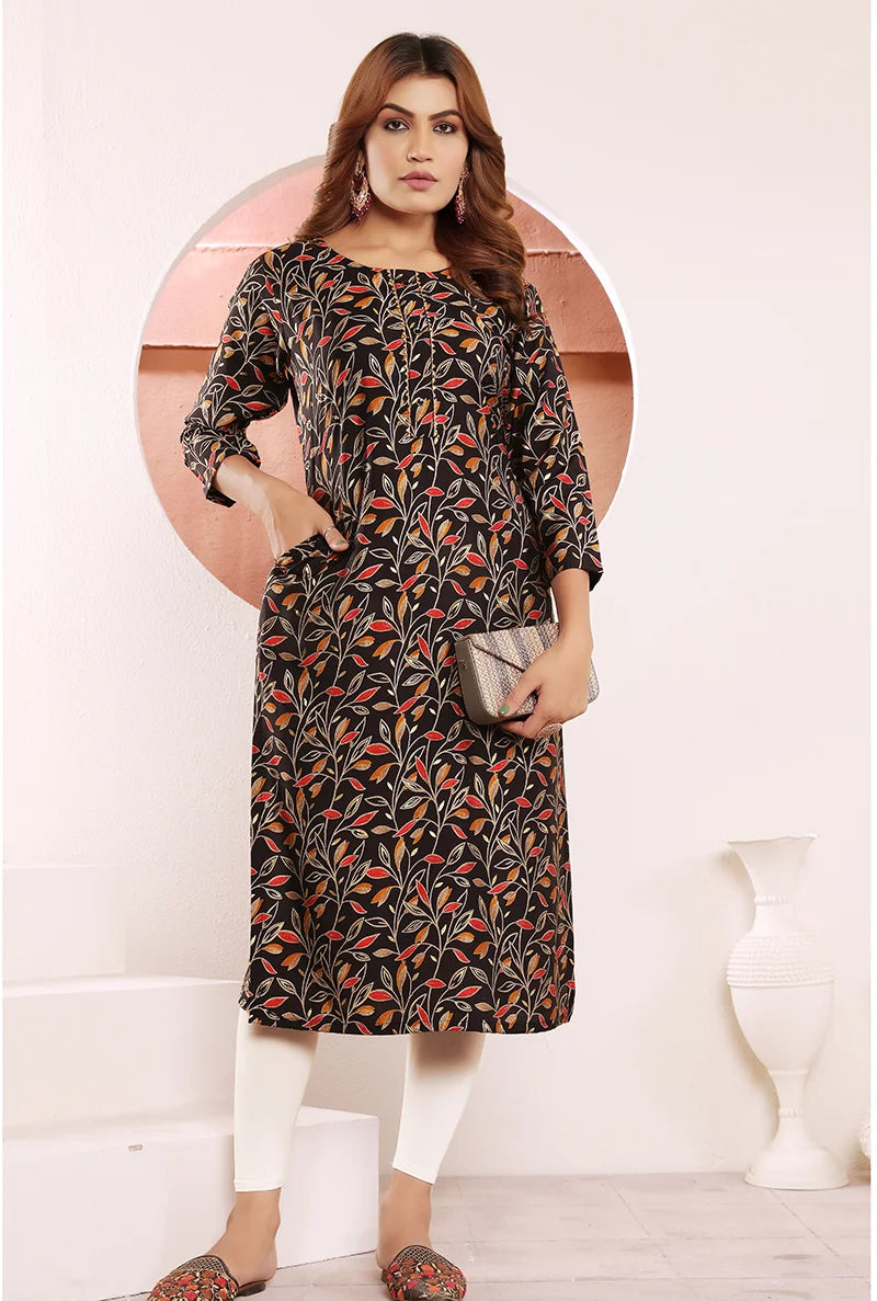 Black Viscose Straight Kurti with Vine Print, styled on model