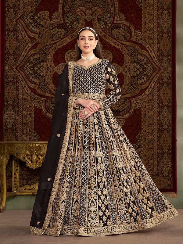 Black Net Floor-Length Anarkali with Zari Embroidery, front