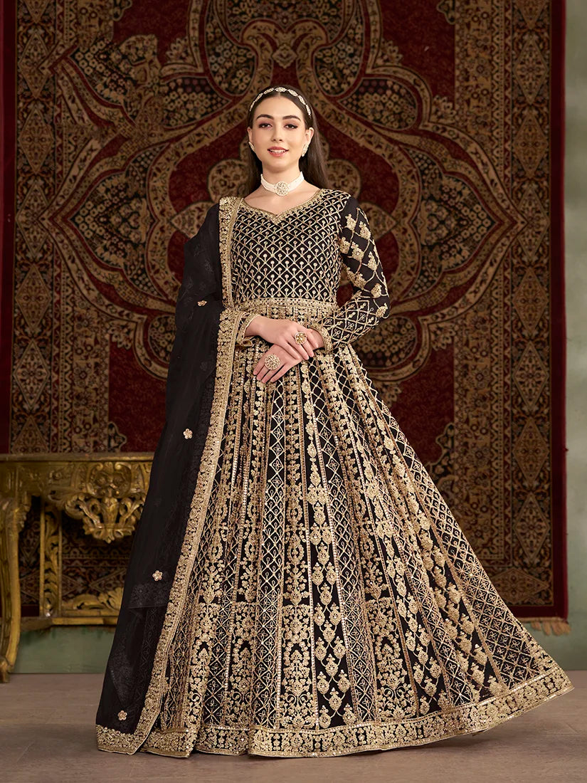 Black Net Floor-Length Anarkali with Zari Embroidery, front