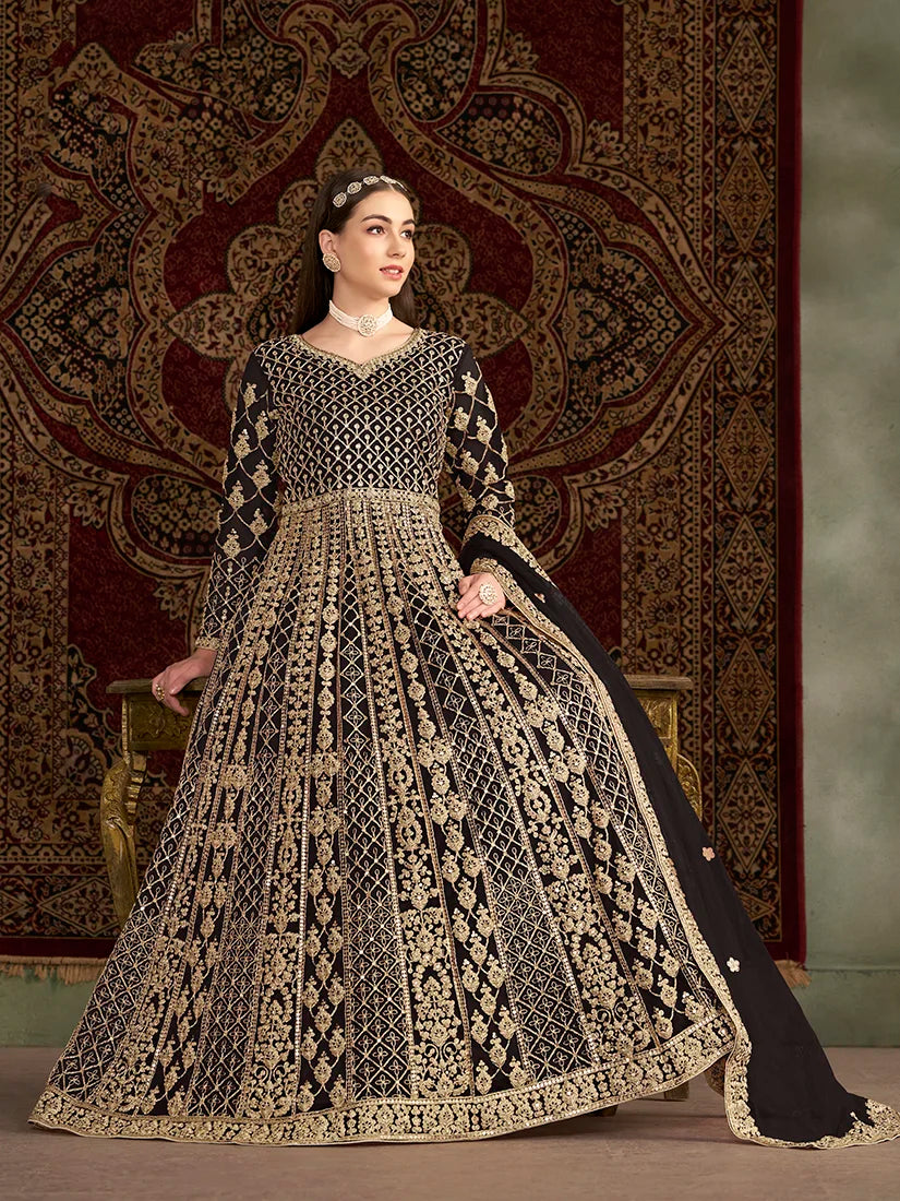 Black Net Floor-Length Anarkali with Zari Embroidery, side