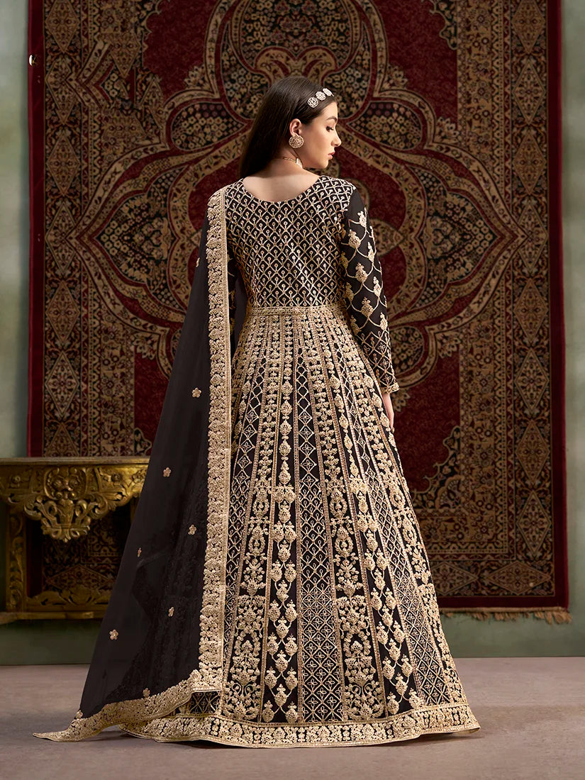 Black Net Floor-Length Anarkali with Zari Embroidery, back