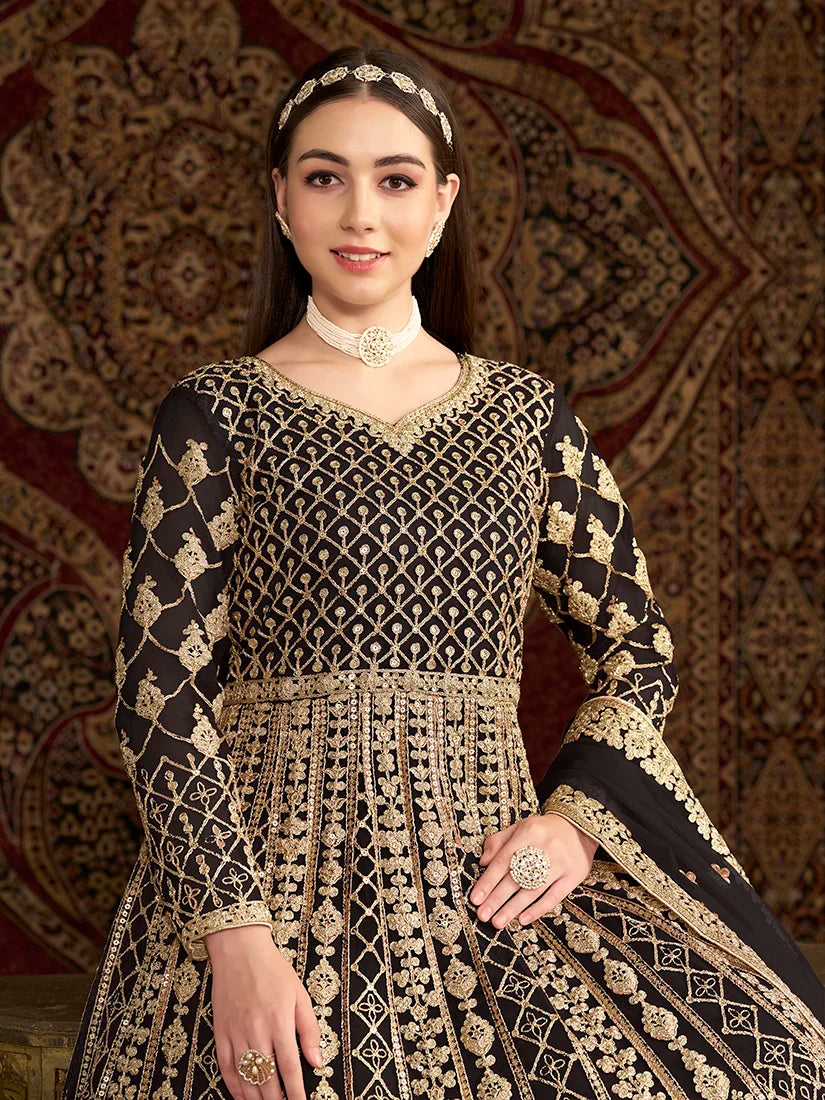 Black Net Floor-Length Anarkali with Zari Embroidery, embroidery close-up
