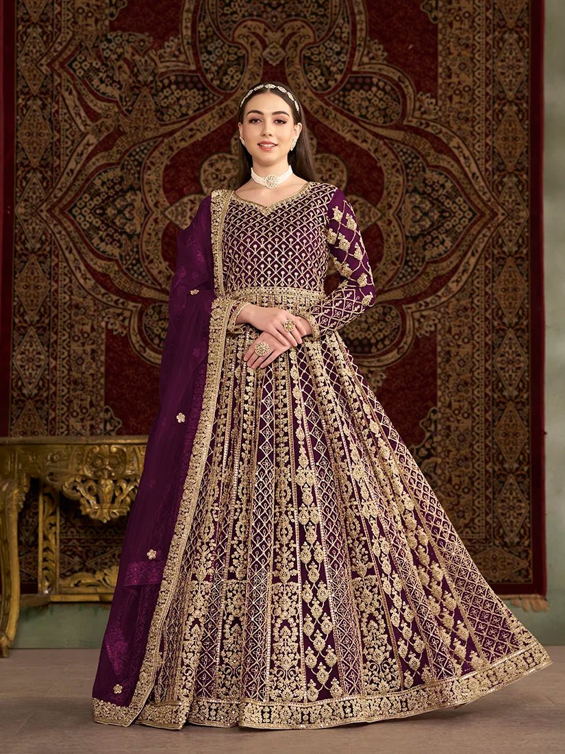 Purple Net Floor-Length Anarkali with Zari Embroidery, front