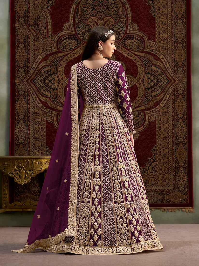 Purple Net Floor-Length Anarkali with Zari Embroidery, back