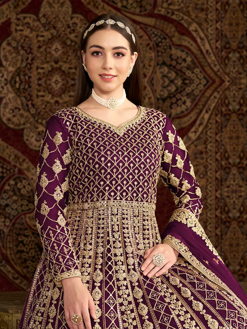 Purple Net Floor-Length Anarkali with Zari Embroidery, embroidery close-up
