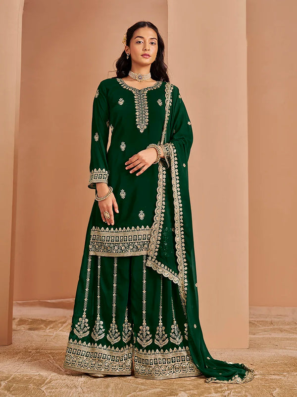 Green Georgette Palazzo Set with Paisley Embroidery, front