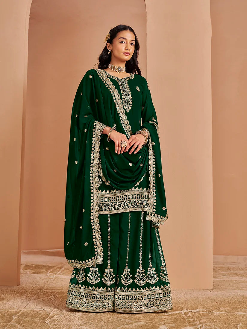 Green Georgette Palazzo Set with Paisley Embroidery, side