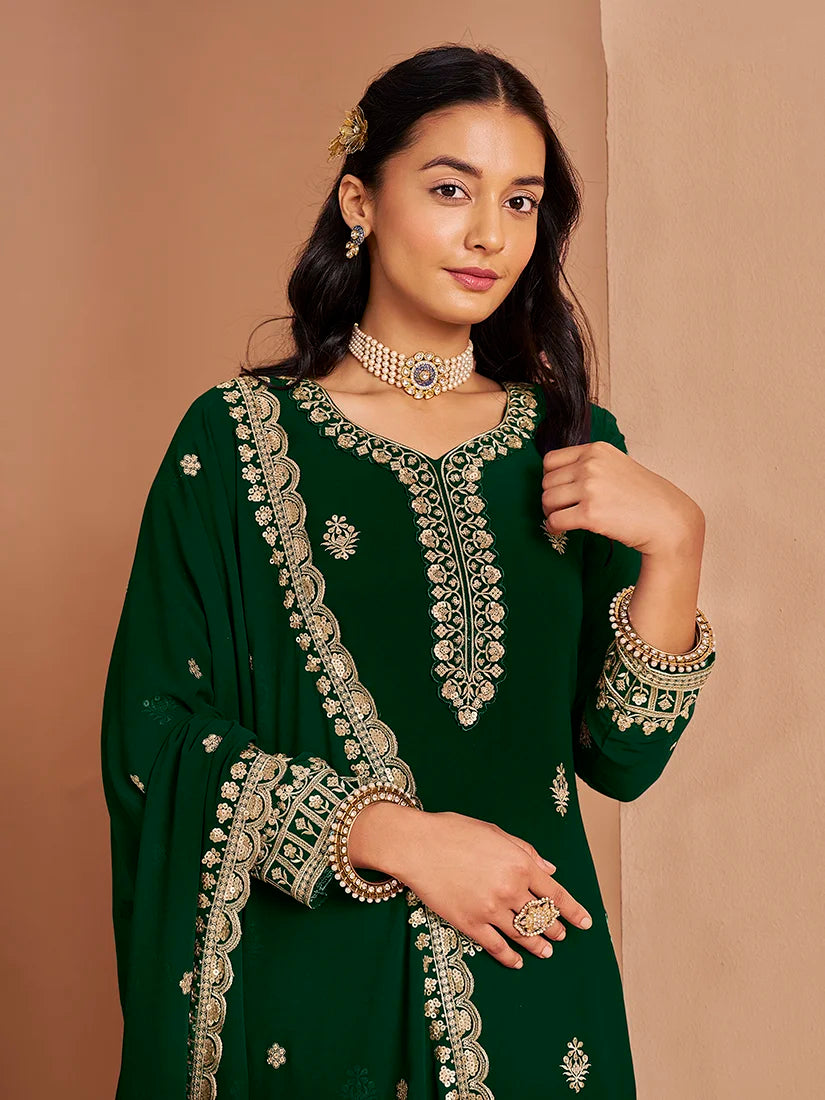 Green Georgette Palazzo Set with Paisley Embroidery, neckline and dupatta close-up