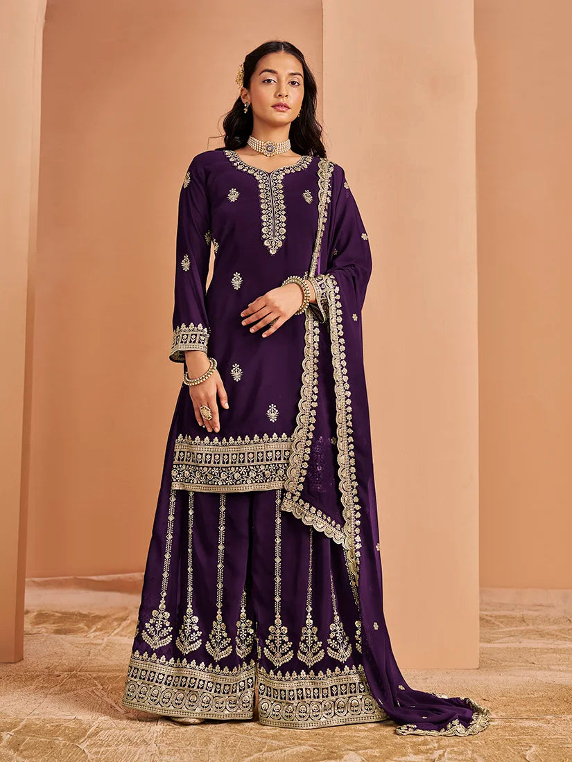 Purple Georgette Palazzo Set with Paisley Embroidery, front