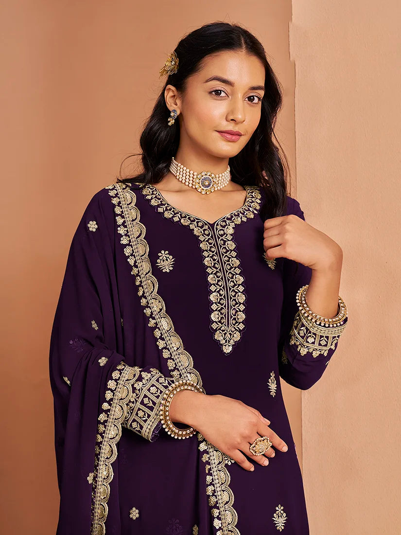 Purple Georgette Palazzo Set with Paisley Embroidery, neckline and dupatta close-up