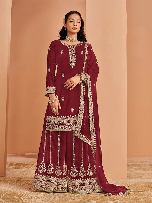 Maroon Georgette Palazzo Set with Paisley Embroidery, front