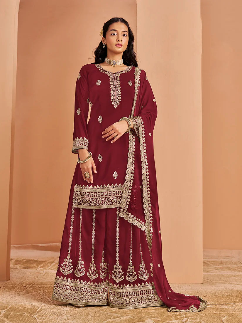 Maroon Georgette Palazzo Set with Paisley Embroidery, front