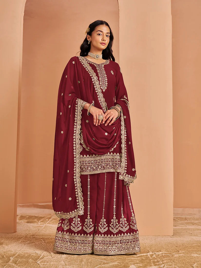 Maroon Georgette Palazzo Set with Paisley Embroidery, side