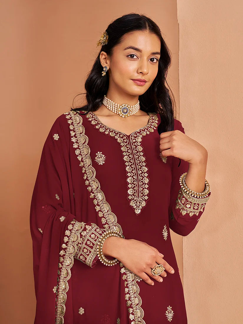 Maroon Georgette Palazzo Set with Paisley Embroidery, neckline and dupatta close-up