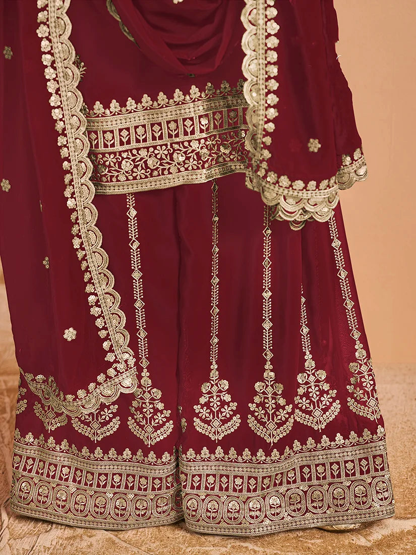 Maroon Georgette Palazzo Set with Paisley Embroidery, palazzo close-up