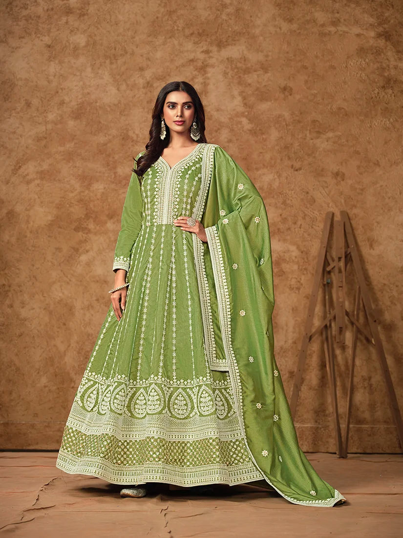 Green Dola Silk Floor-Length Anarkali with Zari Embroidery, front